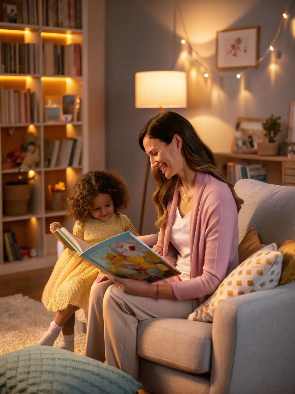 A heartwarming image of Debbie reading a book to a child in their home, creating a nurturing and engaging environment.