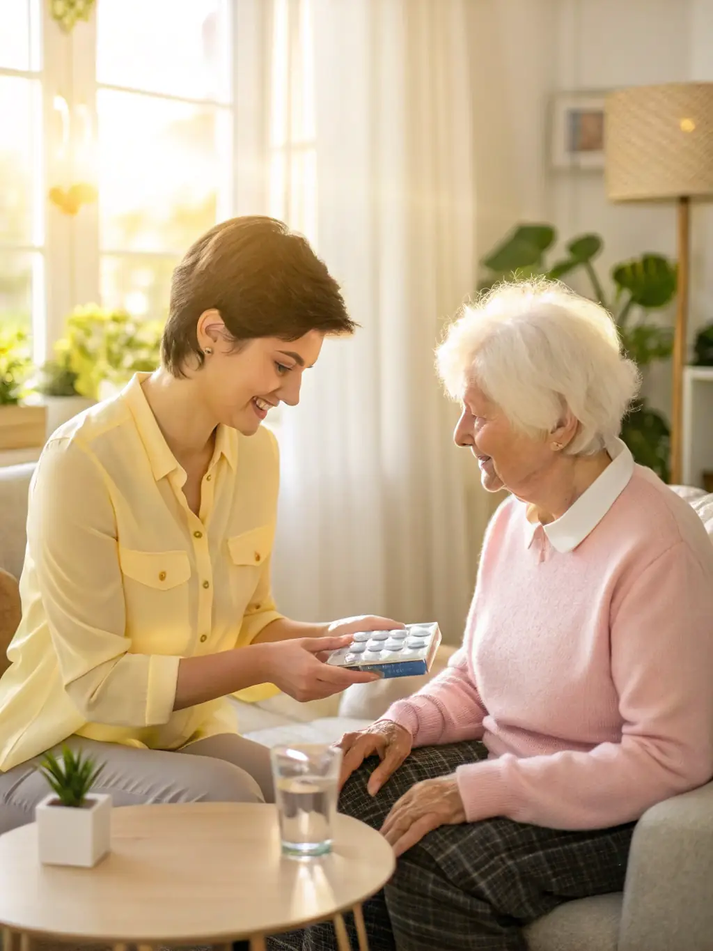 A photograph of Debbie assisting a senior with their medication in a bright, comfortable living room, showcasing her attentive and caring nature.