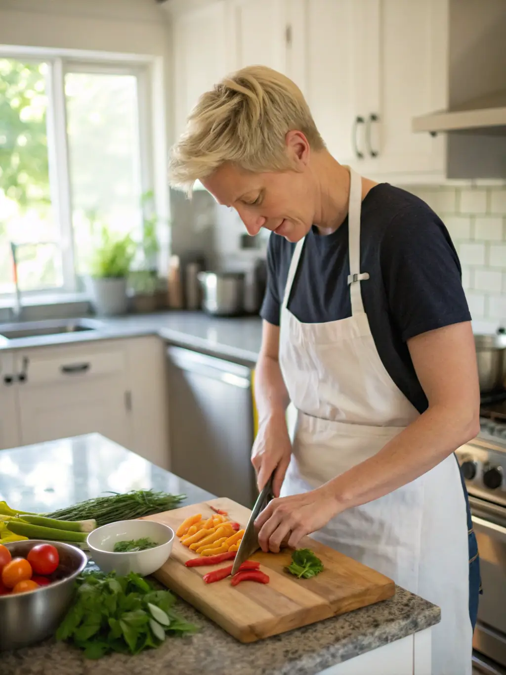 A serene photo of Debbie preparing a healthy meal in a client's kitchen, emphasizing her commitment to nutritious and delicious food.